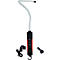 Flexibele LED-werklamp. Zwarte handgreep met rode zijkant, flexibele lichtnek. Oplader en sigarettenaanstekeradapter.